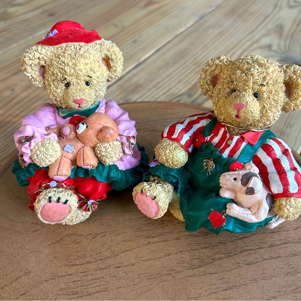 Vintage Teddy Bear Figurine Set Holiday Christmas